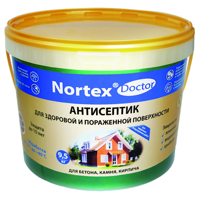 «Nortex®»-Doctor Антисептик для бетона, камня, кирпича Для здоровой и пораженной поверхности, трудно вымываемый антисептик обеспечивает высокоэффективную защиту от грибов и водорослей до 10 лет. Обработанная поверхность безопасна для людей и животных. Увеличивает  срок службы строений.