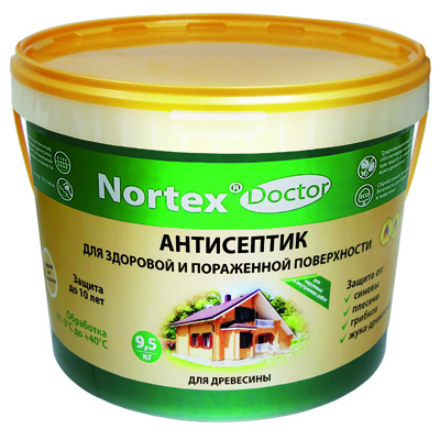 «Nortex®»-Doctor Антисептик для древесины Для здоровой и пораженной поверхности, трудно вымываемый антисептик обеспечивает высокоэффективную защиту от синевы, плесени, жука-древоточца до 10 лет. Обработанная поверхность безопасна для
людей и животных. Не препятствует естественному дыханию древесины, поддерживает оптимальный уровень влажности