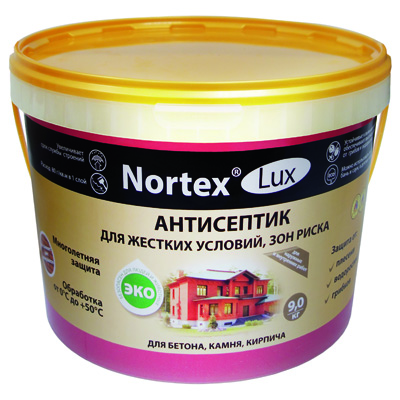 «Nortex®»-Lux Антисептик для бетона, камня, кирпича Для жестких условий, зон риска, многолетняя защита от синевы, плесени, водорослей. Высокоэффективные, устойчивые к вымыванию антисептики позволяют защитить поверхности, эксплуатируемые в жёстких условиях. Можно использовать внутри бань и саун, в детских комнатах. Увеличивает  срок службы строений