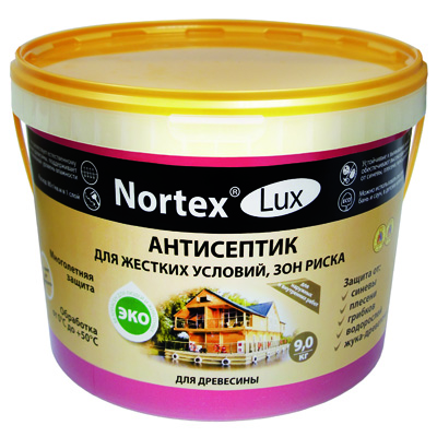 «Nortex®»-Lux Антисептик для древесины Для жестких условий, зон риска, многолетняя защита от синевы, плесени, жука-древоточца. Высокоэффективные, устойчивые к вымыванию  антисептики позволяют защитить поверхности, эксплуатируемые в жёстких условиях. Можно использовать внутри бань и саун, в детских комнатах. Не препятствует естественному дыханию древесины, поддерживает оптимальный уровень влажности.